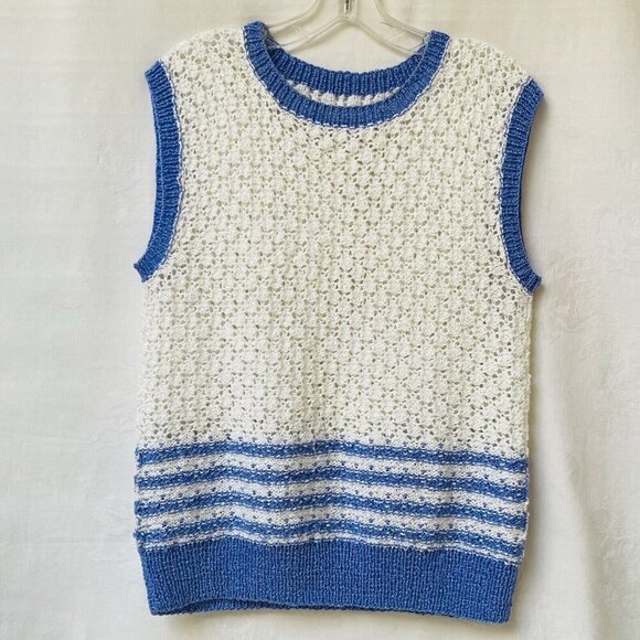 Hand Knitted Vintage Style Sweater Vest Womens Medium Blue White Nautical - Picture 1 of 7